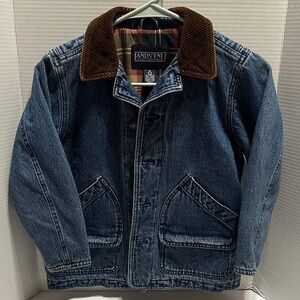 Lands' End Kid’s Blue Denim Jacket with Brown Corduroy Collar and Sleeves.